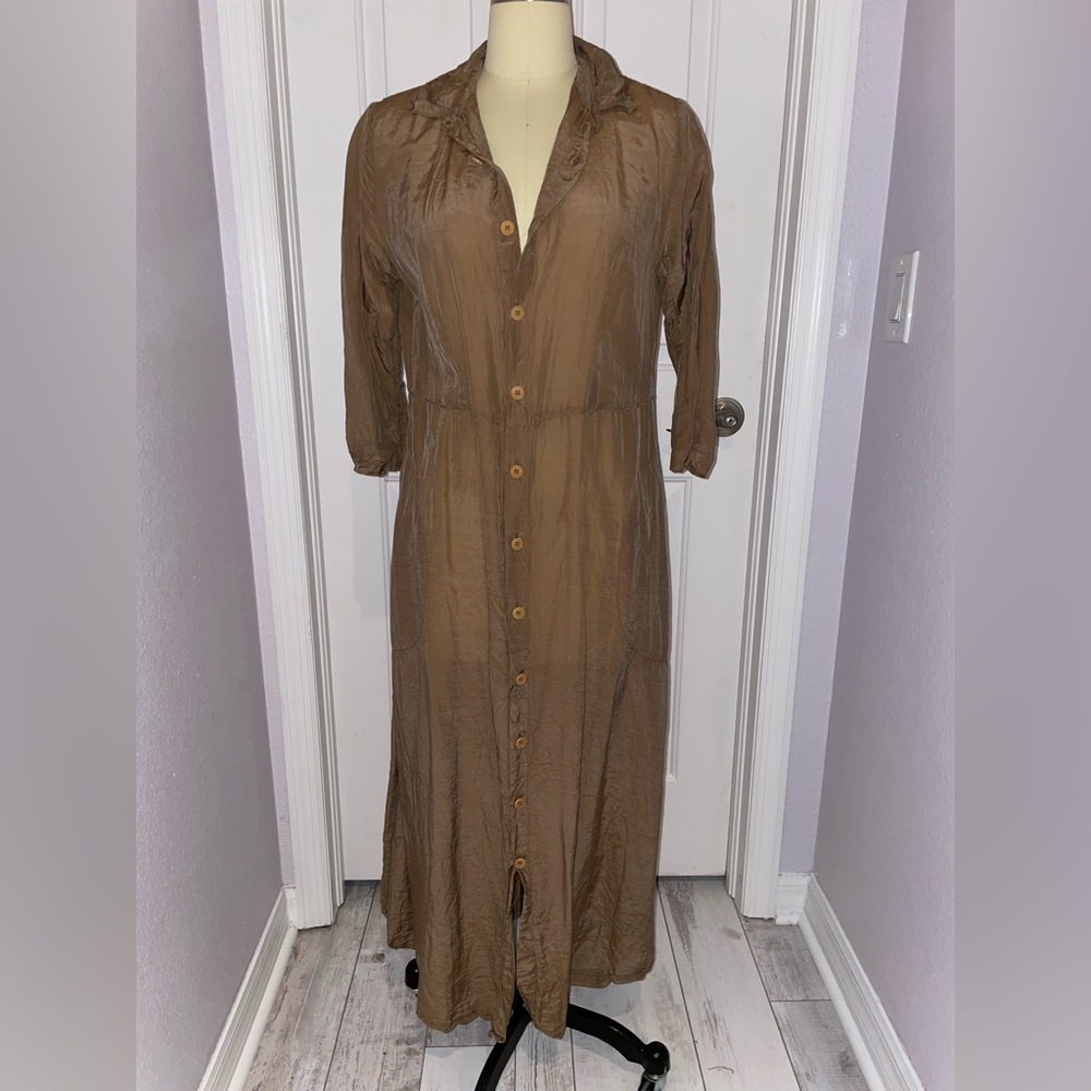 CP Shades Silk Blend Taupe Button-Down Dress